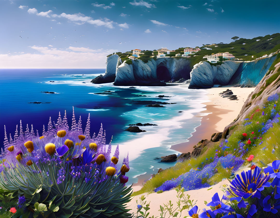 Vibrant wildflowers, sandy beach, rocky cliffs, serene sea, and scattered houses in coastal