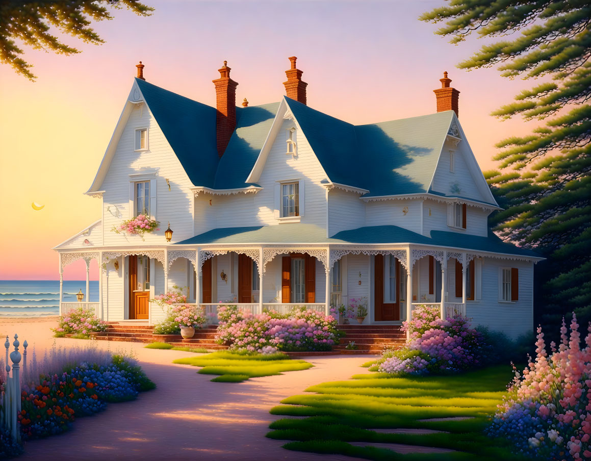 Victorian-style House with Blue Roof, White Fence, Colorful Gardens, Pine Trees, Sunset Beach