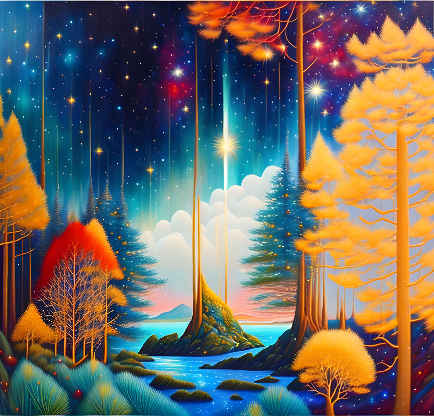 Colorful surreal forest with starry night sky, celestial bodies, serene river