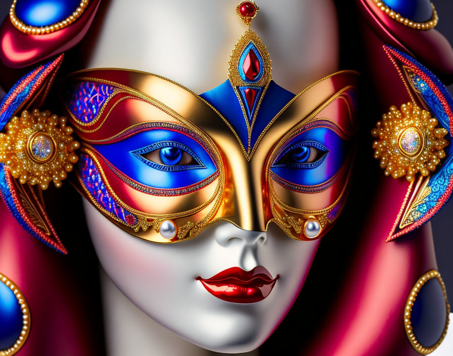 Intricate ornate mask with gold, blue, and red designs on pink background