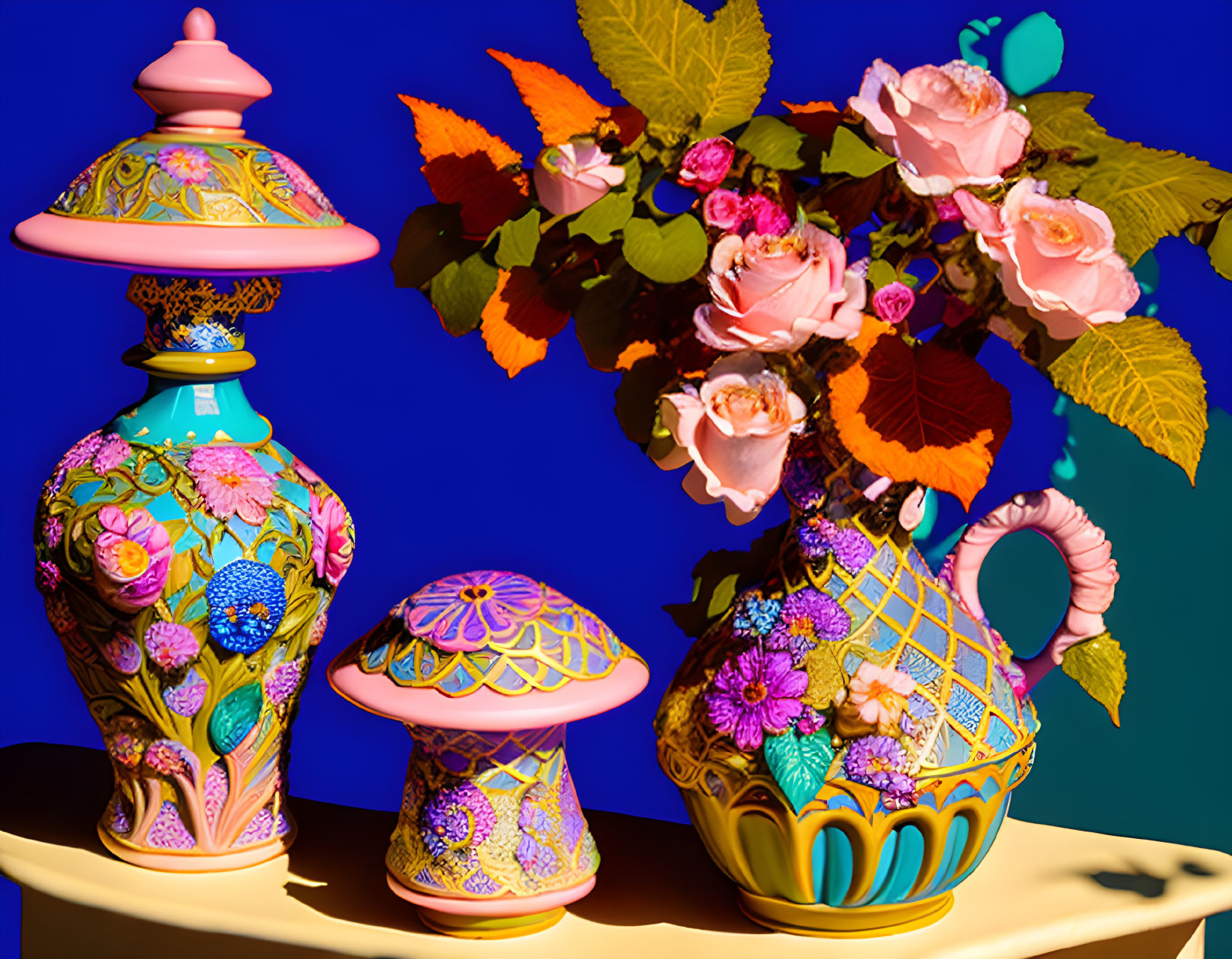 Vibrant ceramic vases, lamp, and roses on blue background