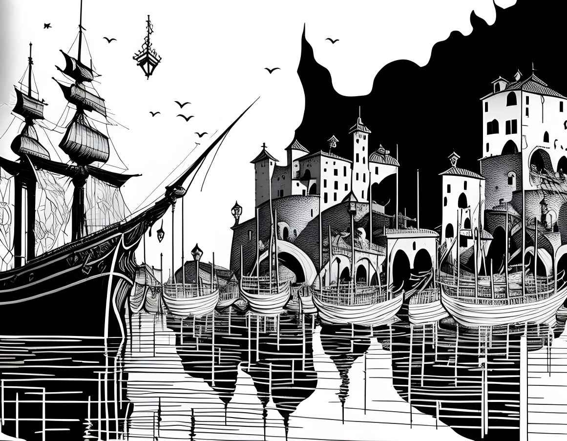 Fantastical black and white seascape with sailboats, whimsical buildings, bridges, and flying