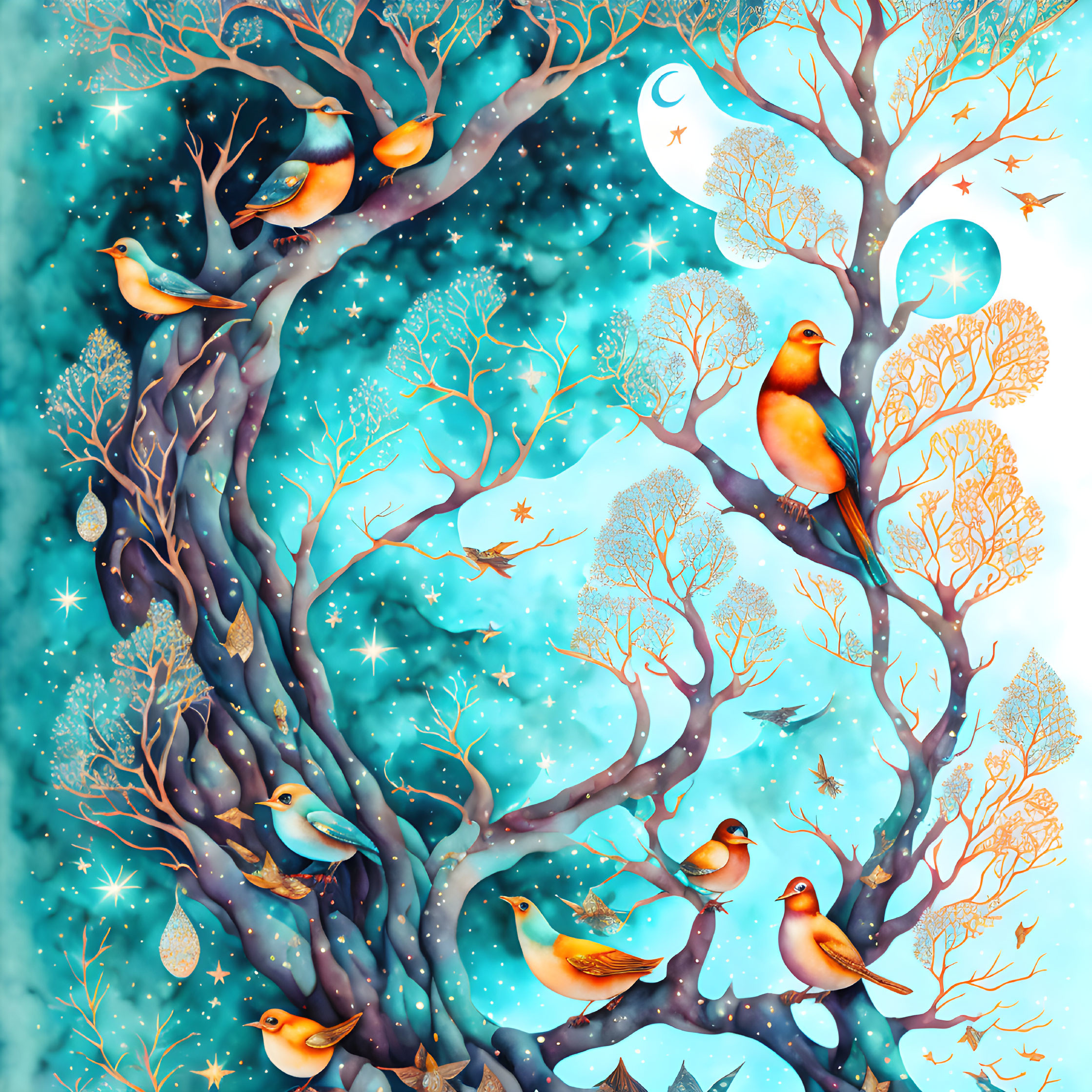 Colorful Birds on Whimsical Trees under Starry Sky with Crescent Moons