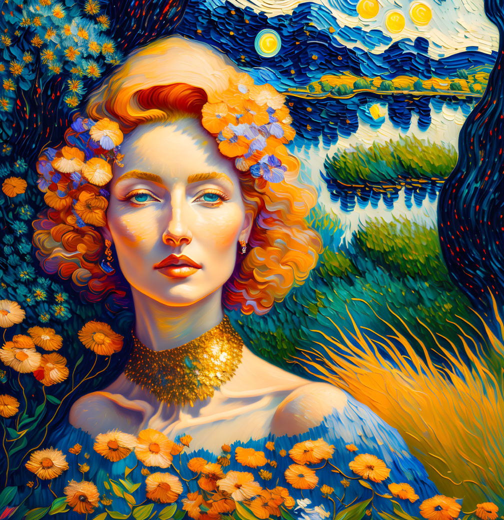 Stylized portrait of woman with golden hair and flowers in vibrant, swirling landscape