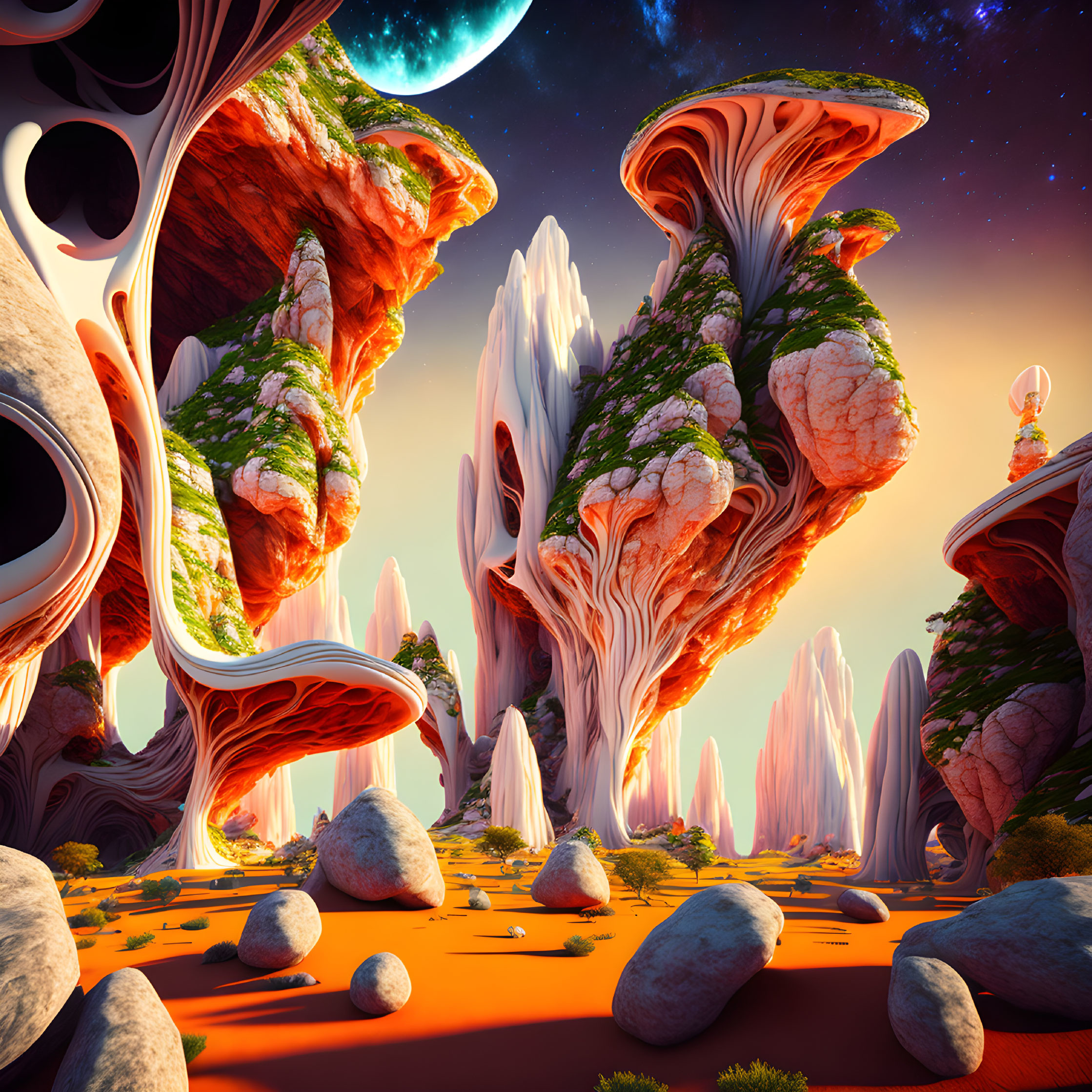 Surreal landscape with towering organic rock formations under starry sky