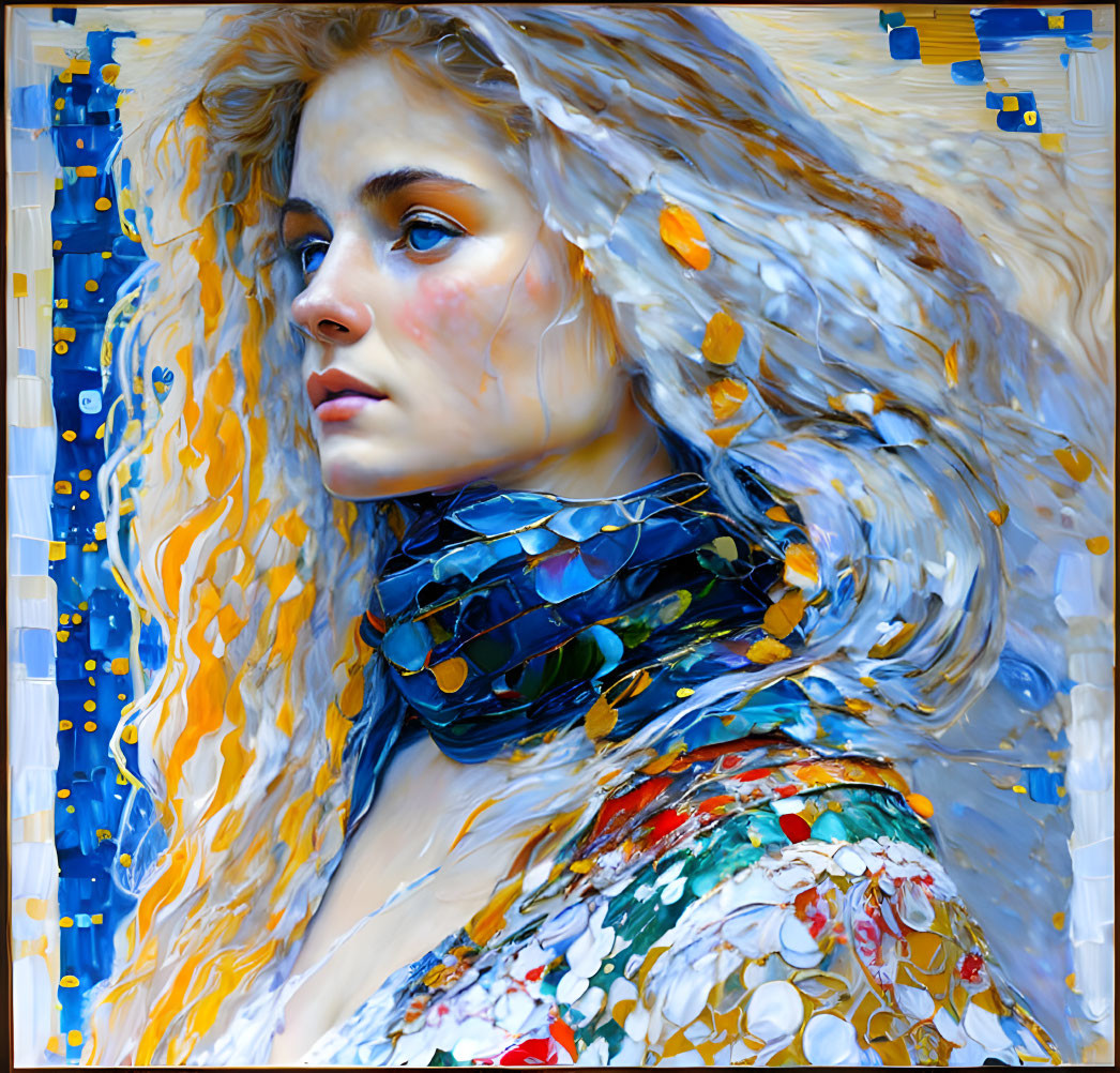 Vibrant portrait of young woman with flowing hair and textured scarf