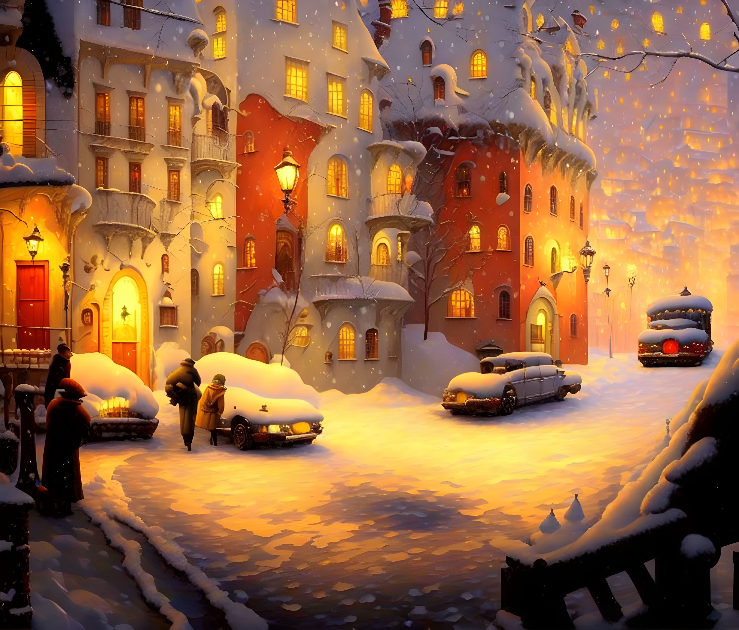 Snow-covered streets and glowing evening scene with people walking by quaint apartment buildings