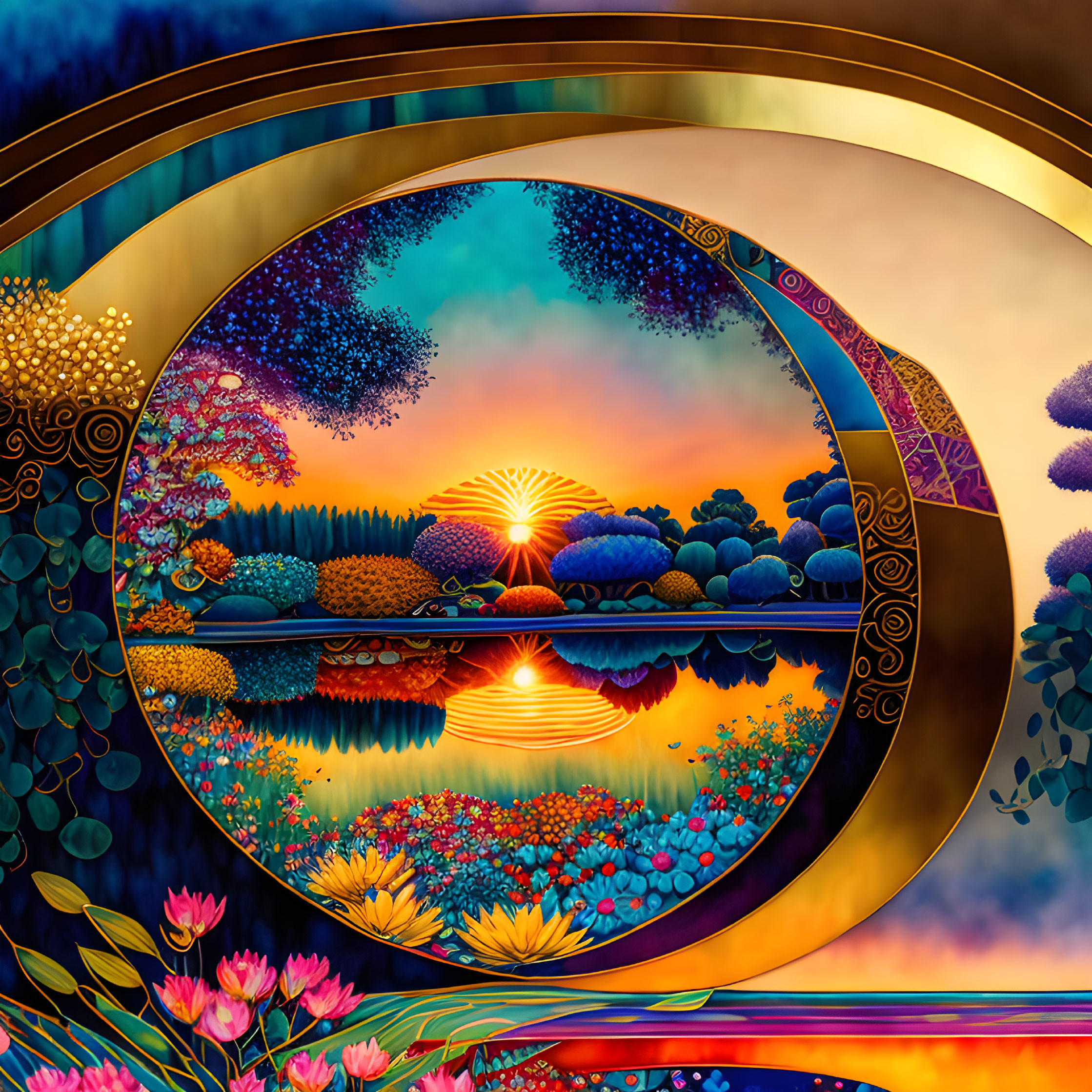 Circular sunset artwork with serene lake reflection and colorful flora.