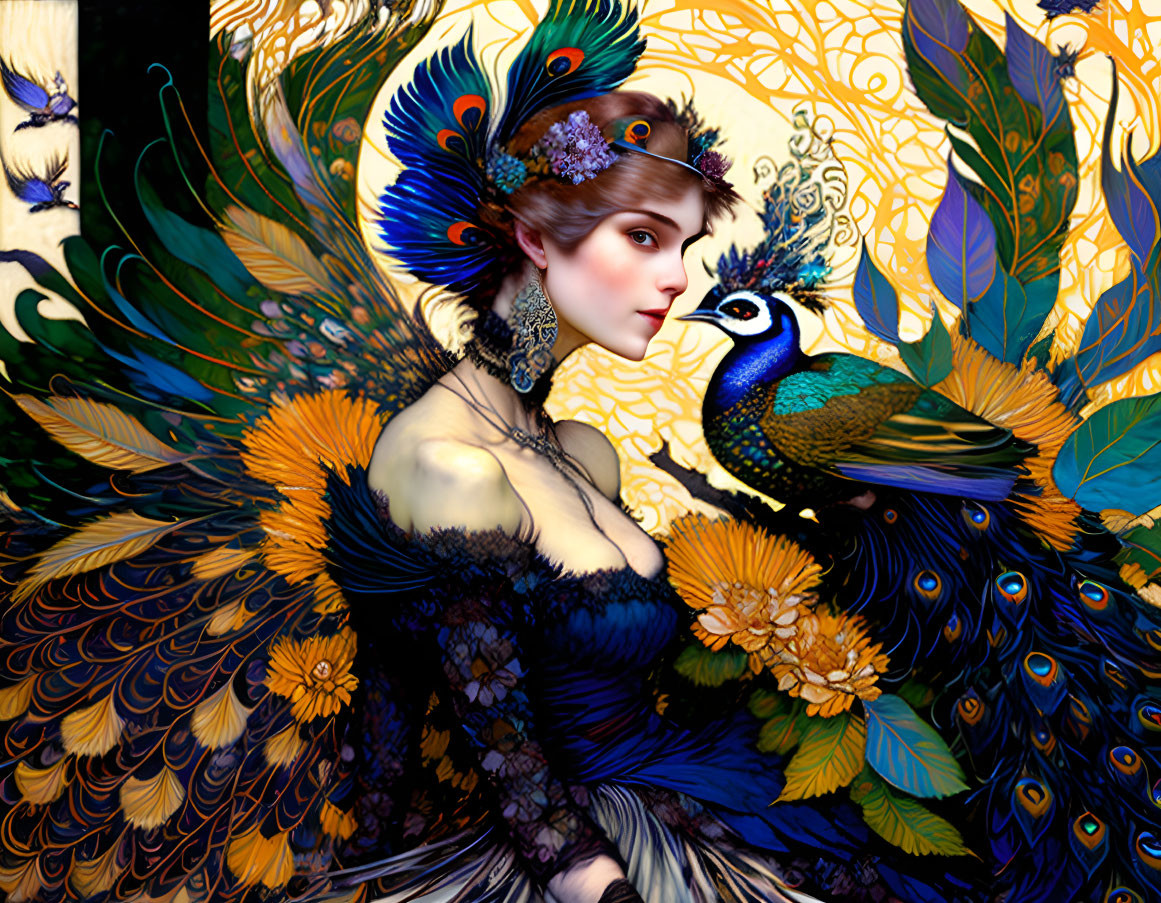 Stylized portrait of woman with peacock feathers and flowers