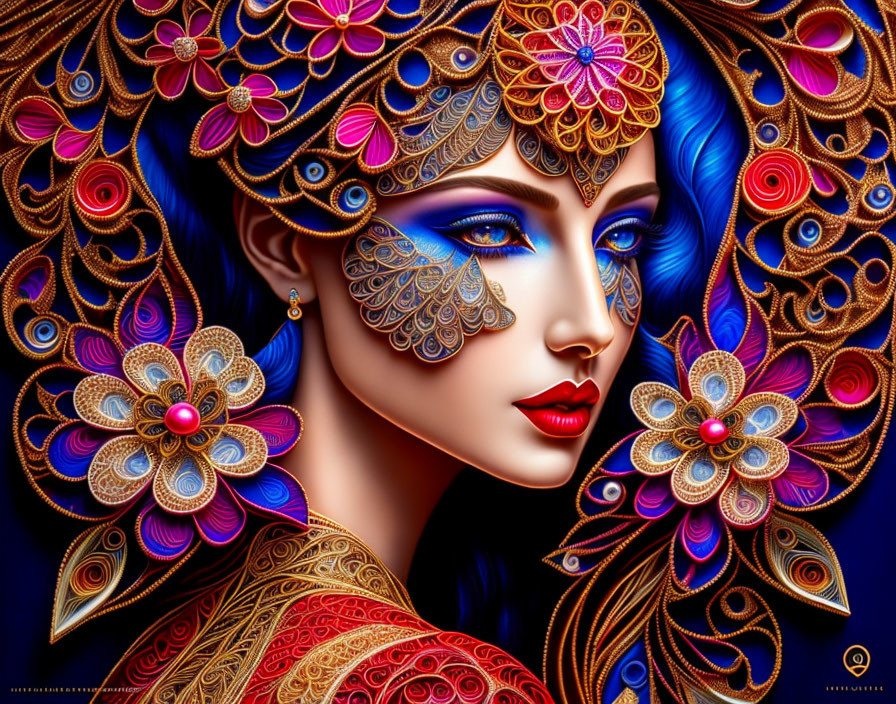 Detailed illustration of woman with blue hair in gold and red floral headdress on dark blue backdrop