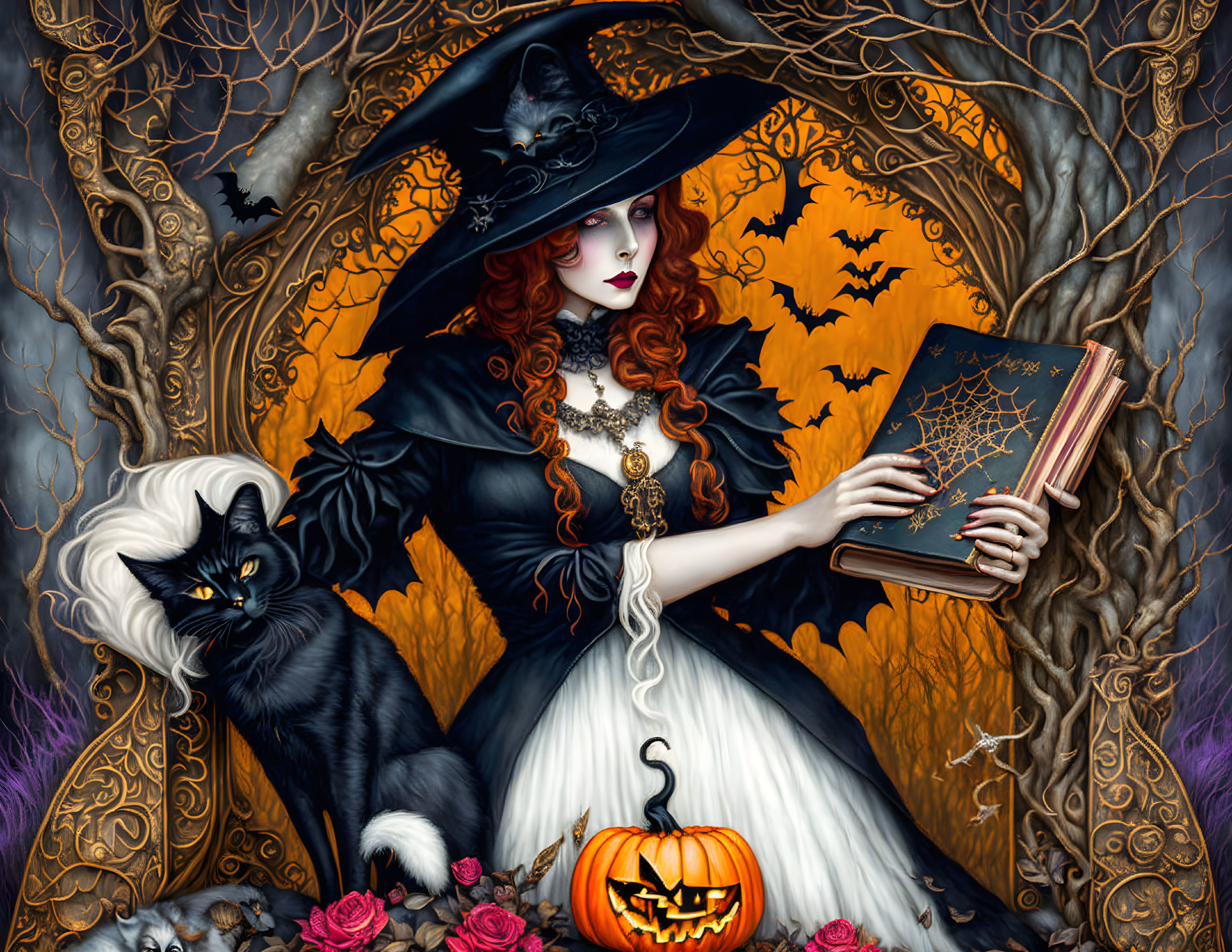 Witch, spellbook, black cat, pumpkin in spooky Halloween scene