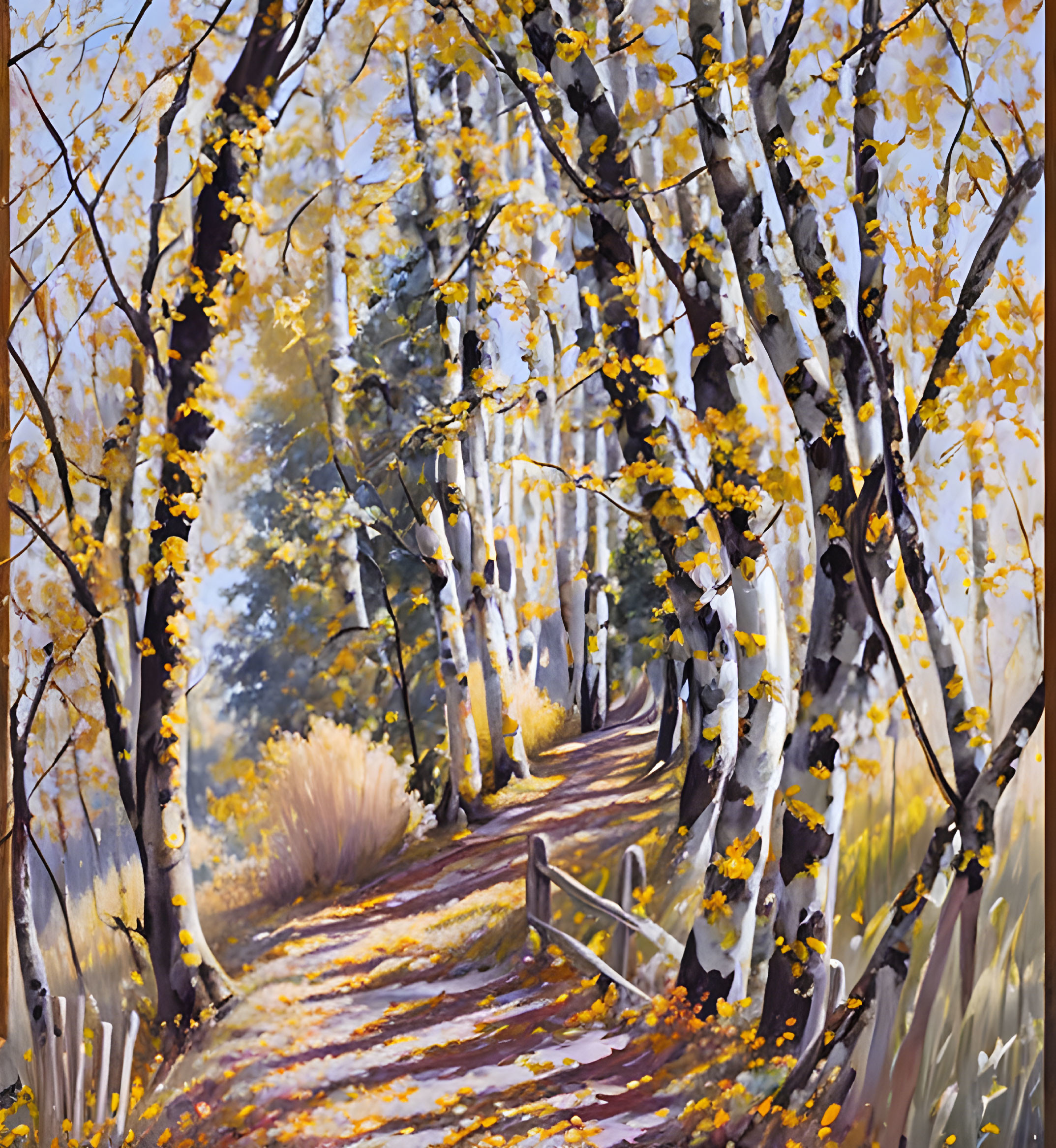 Scenic autumn birch forest trail with yellow leaves