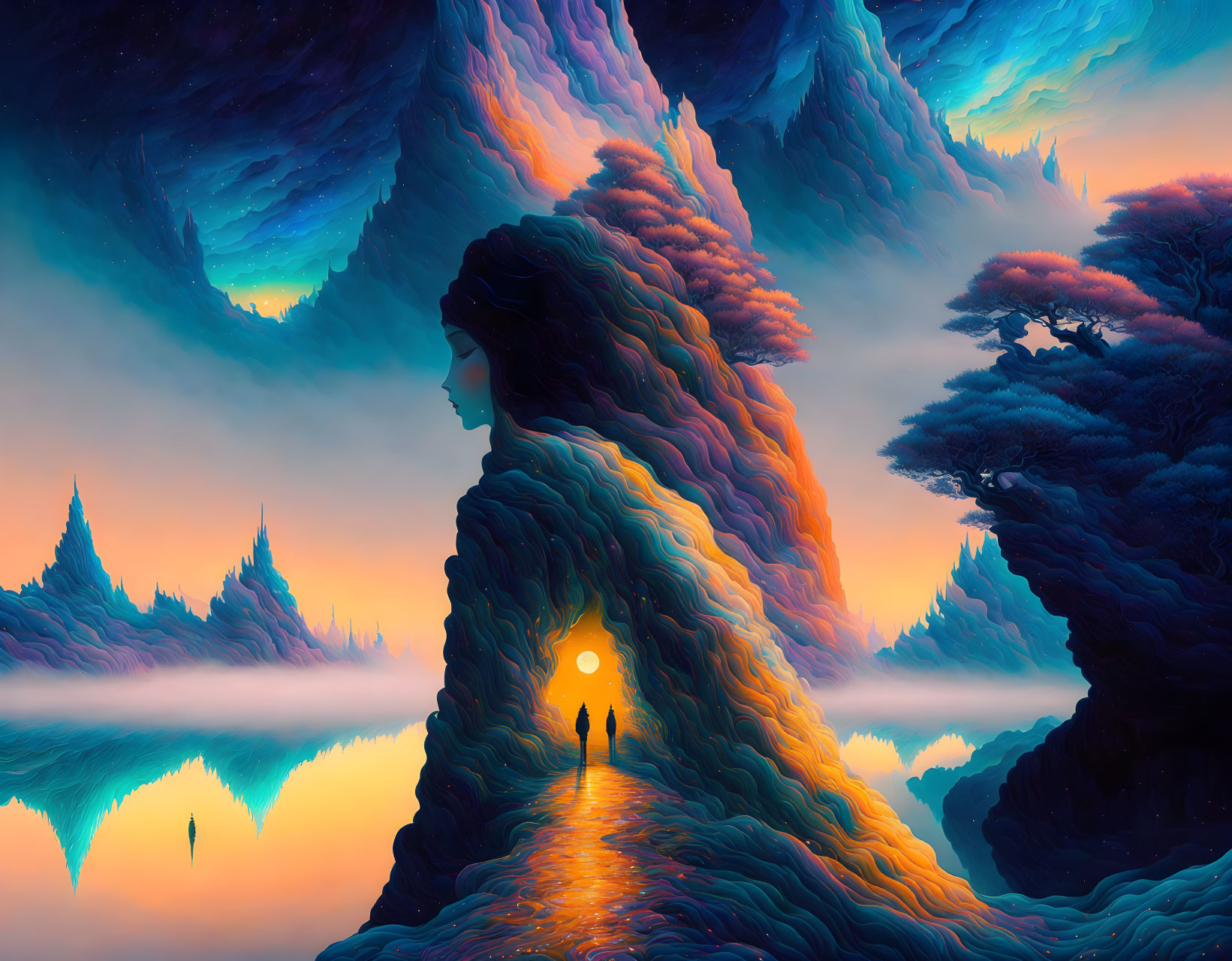 Colorful surreal landscape with winding mountain path and silhouetted figures