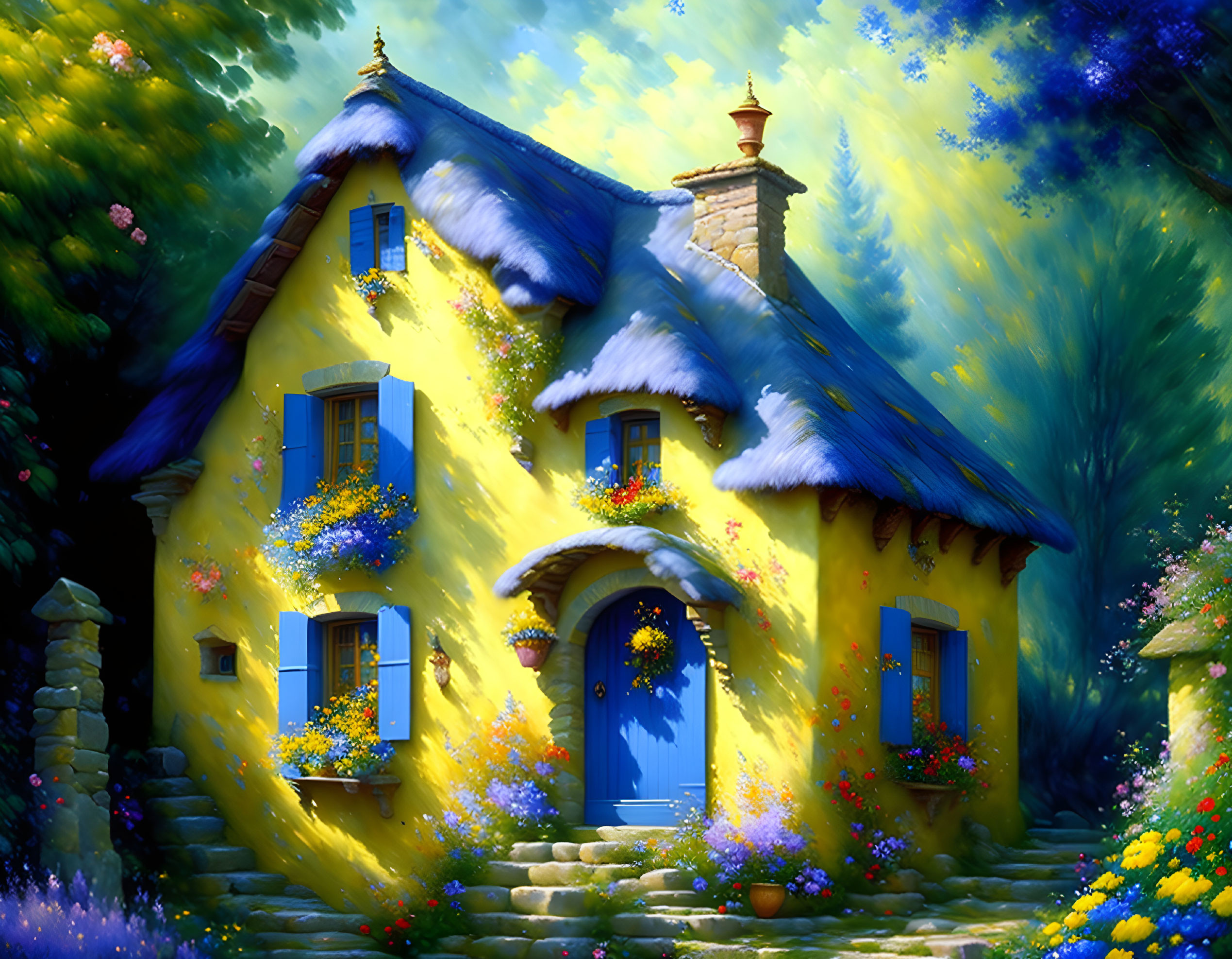 Charming Cottage with Blue Door and Flower Adornments