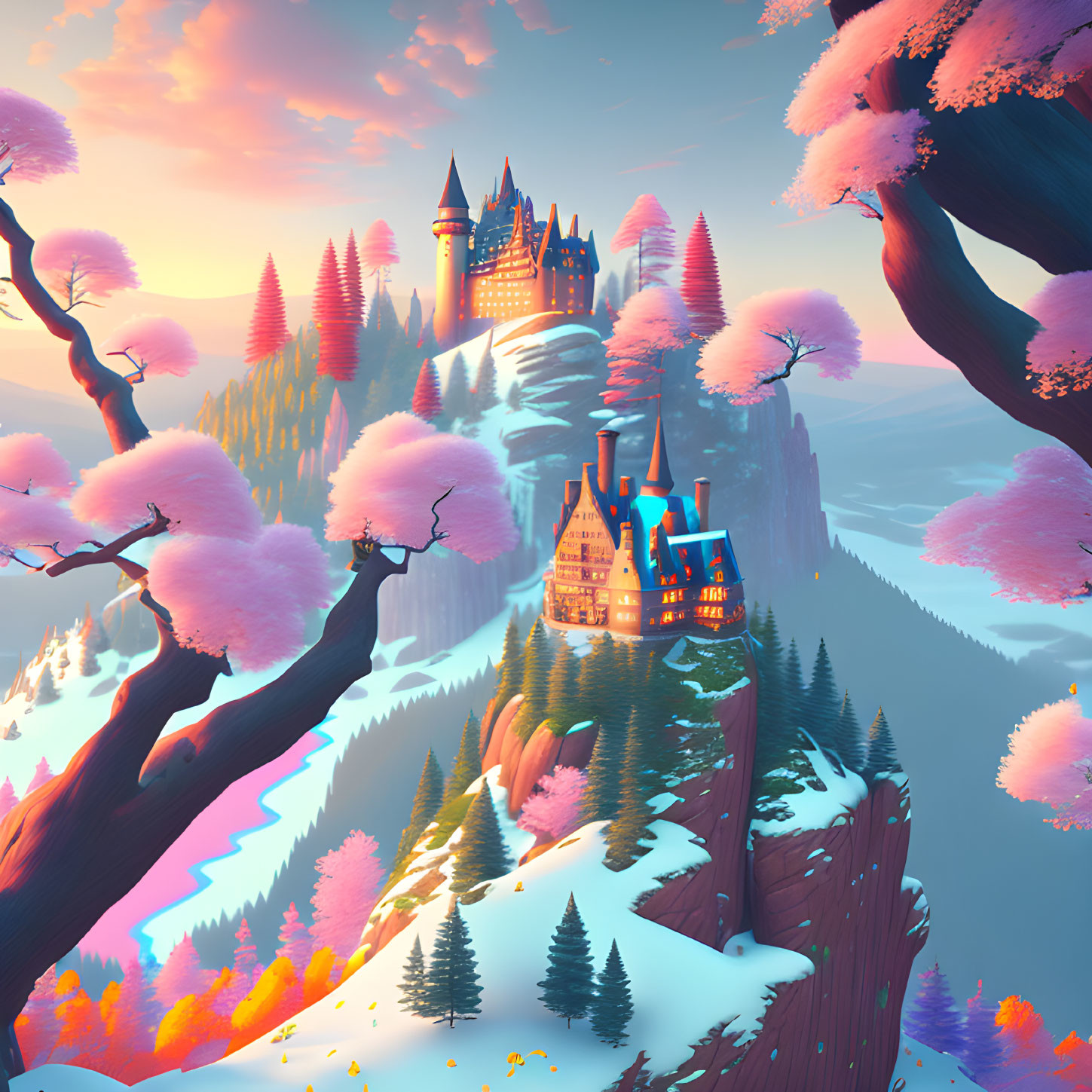 Colorful Fantasy Landscape: Whimsical Castle on Mountain Cliff, Pink Trees