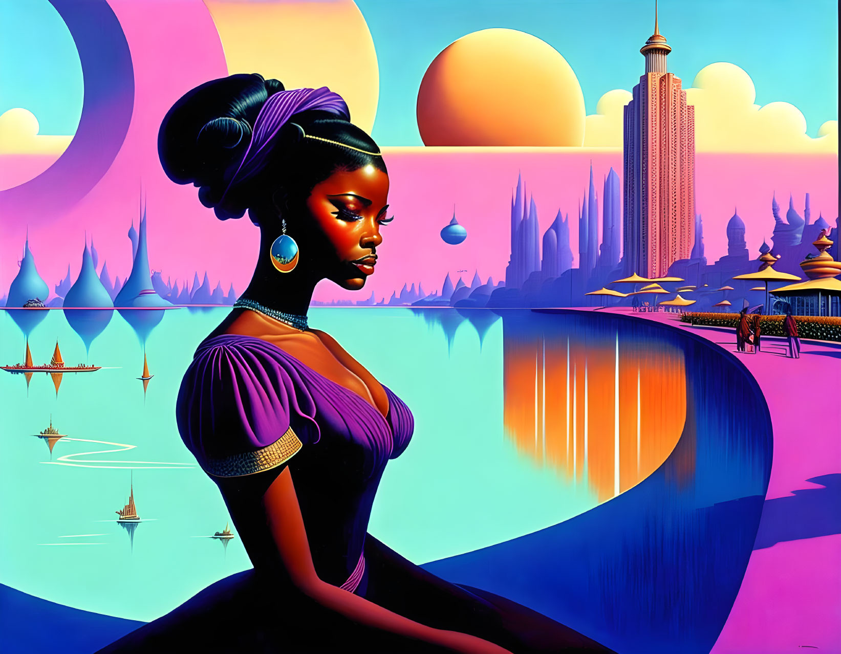 Stylized digital artwork of woman in purple attire against futuristic cityscape