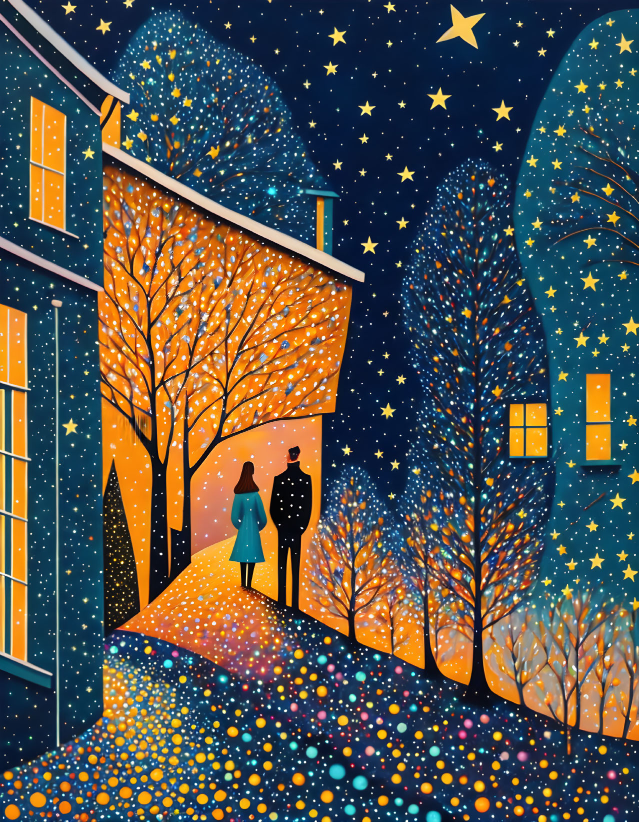 Illustration of couple walking by house under starry night sky