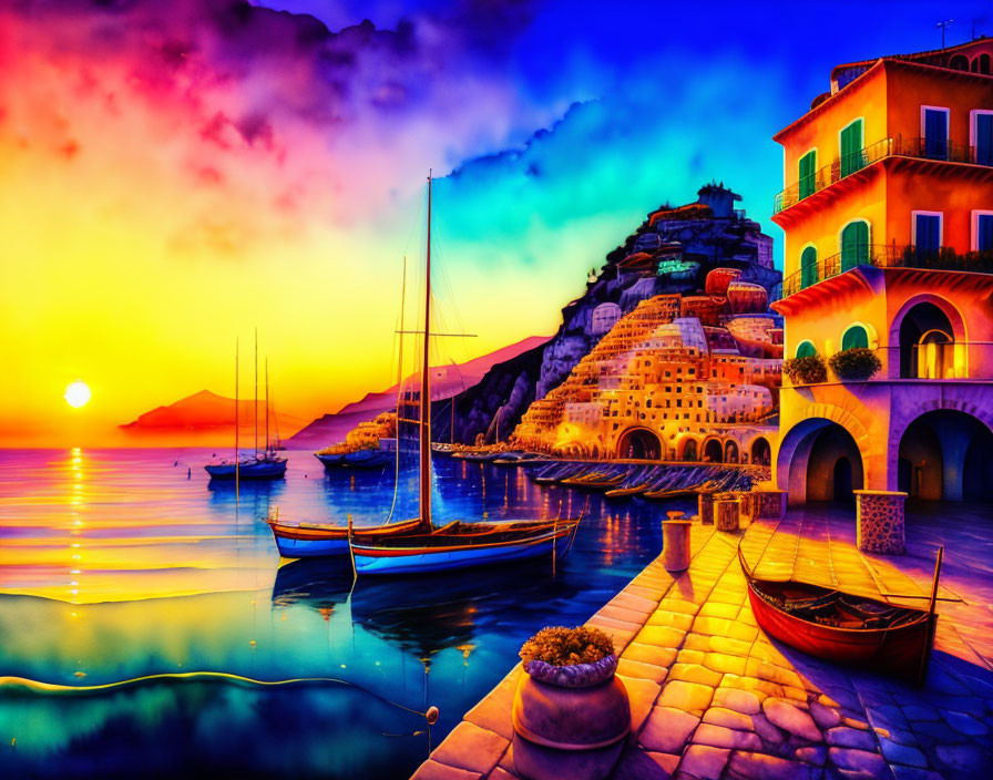 Tranquil harbor at sunset with sailboats and colorful buildings