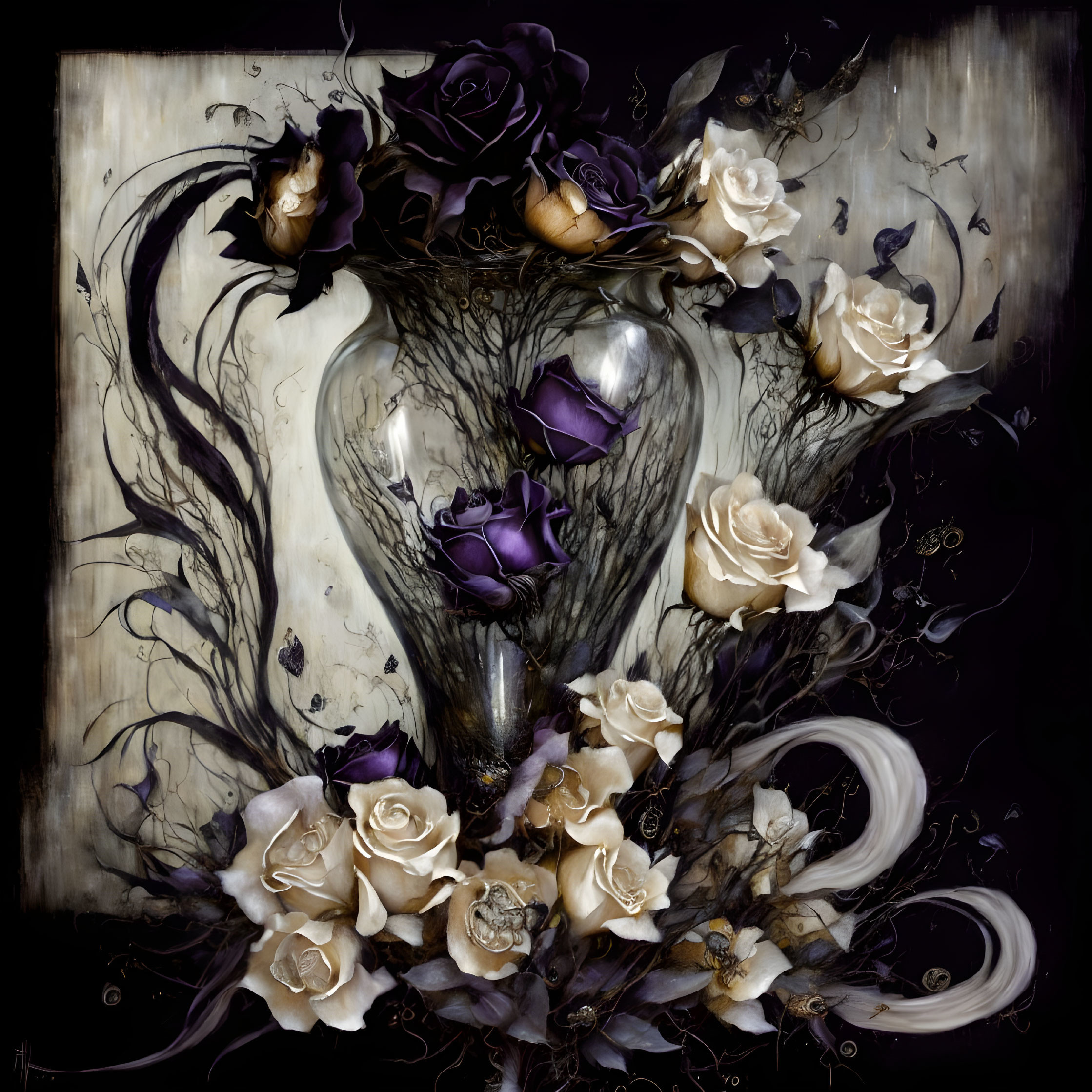 Dark and elegant artwork: Hourglass, twisted branches, blooming roses in purple and cream on black