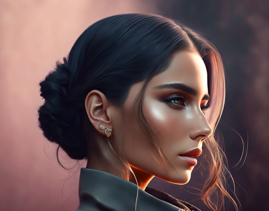 Portrait of woman with sleek bun and glowing skin in warm lighting