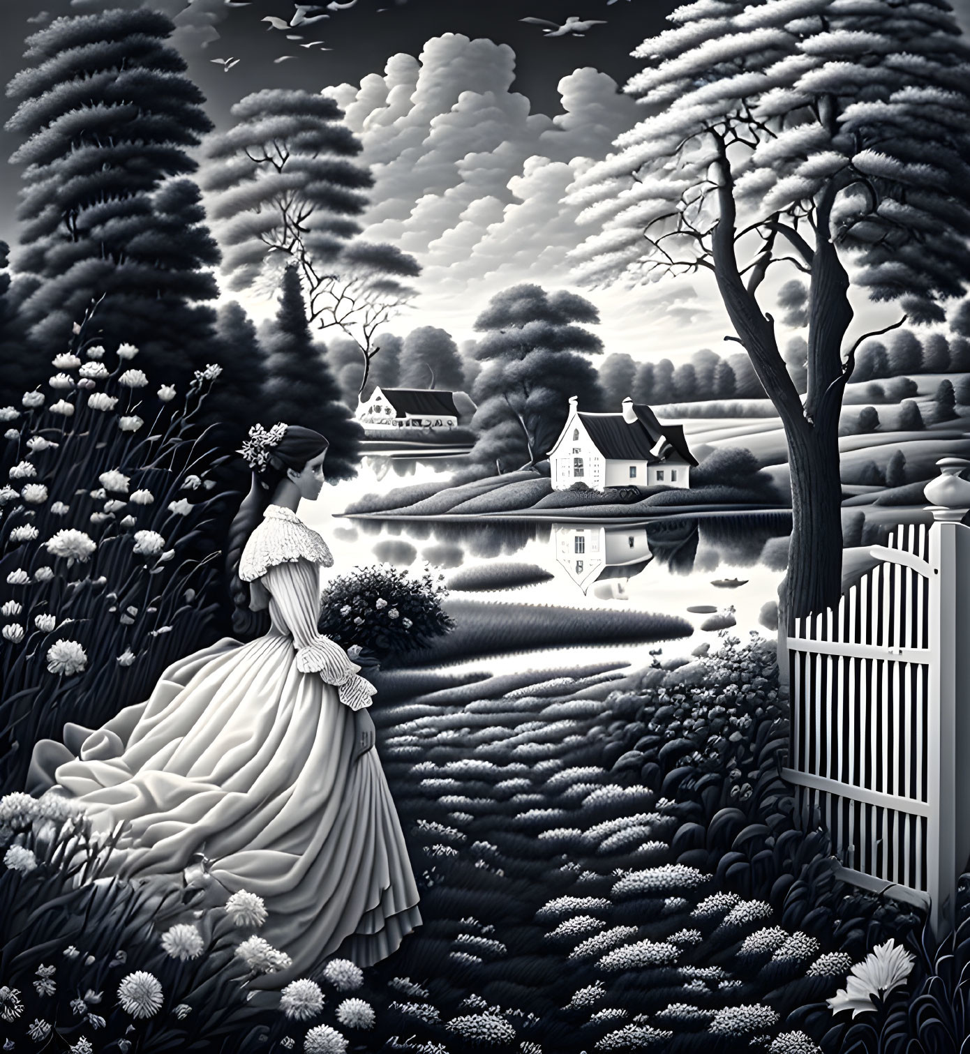 Monochrome illustration of woman in dress observing rural landscape