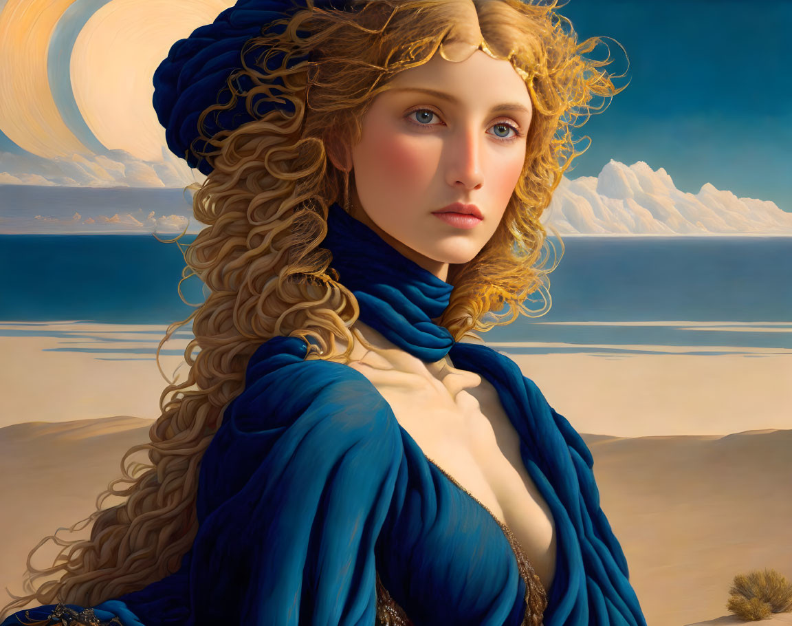 Portrait of woman with golden hair in blue attire, surreal sea backdrop