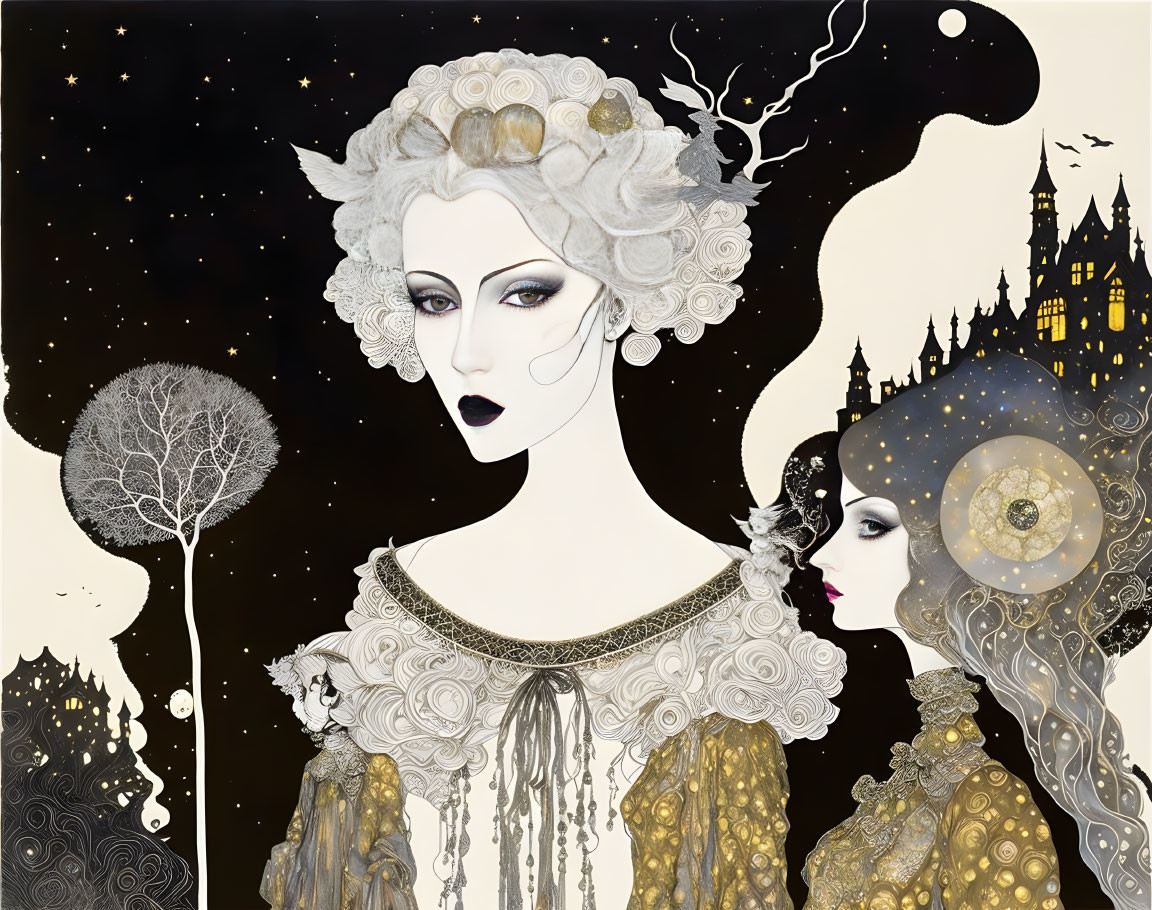 Surreal Artwork: Elegant Women with Headdresses Under Starry Sky