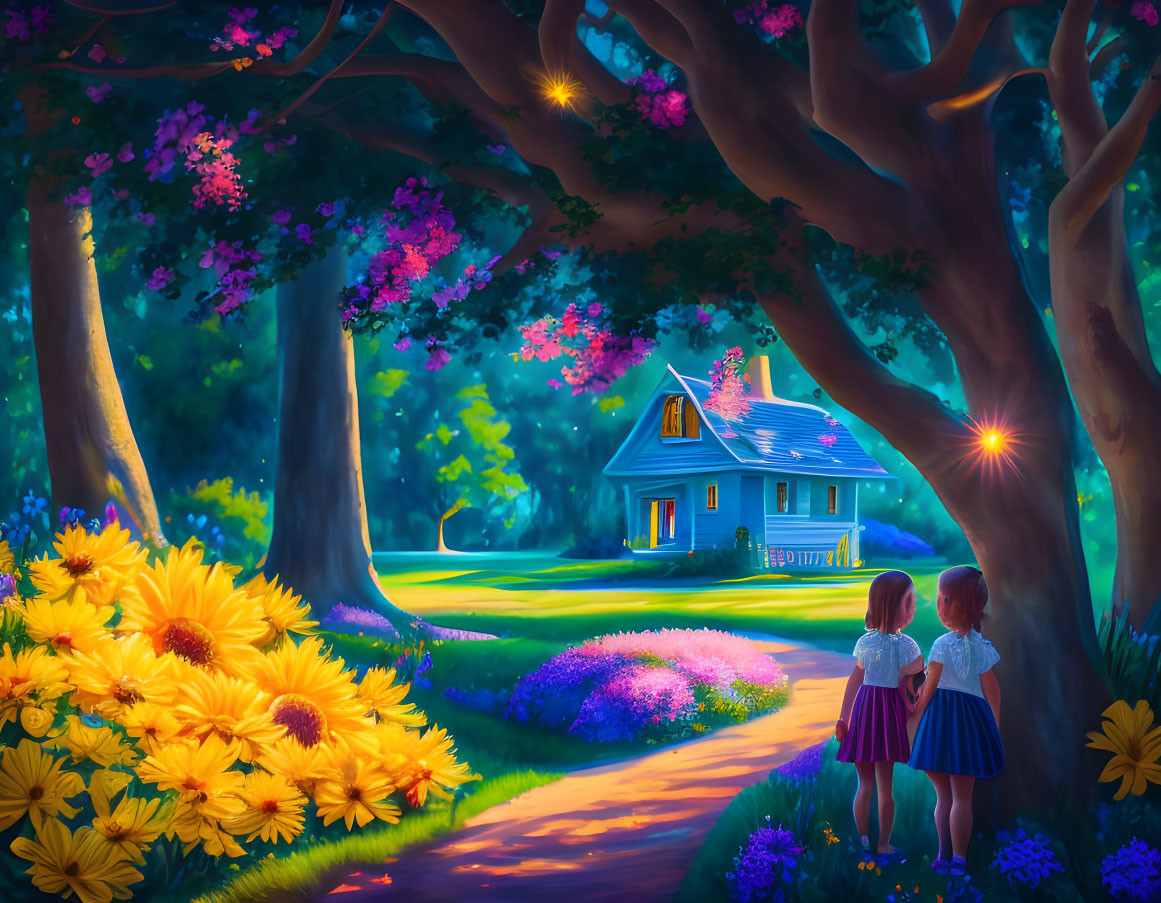 Children on flower-lined path near cozy house in colorful twilight forest