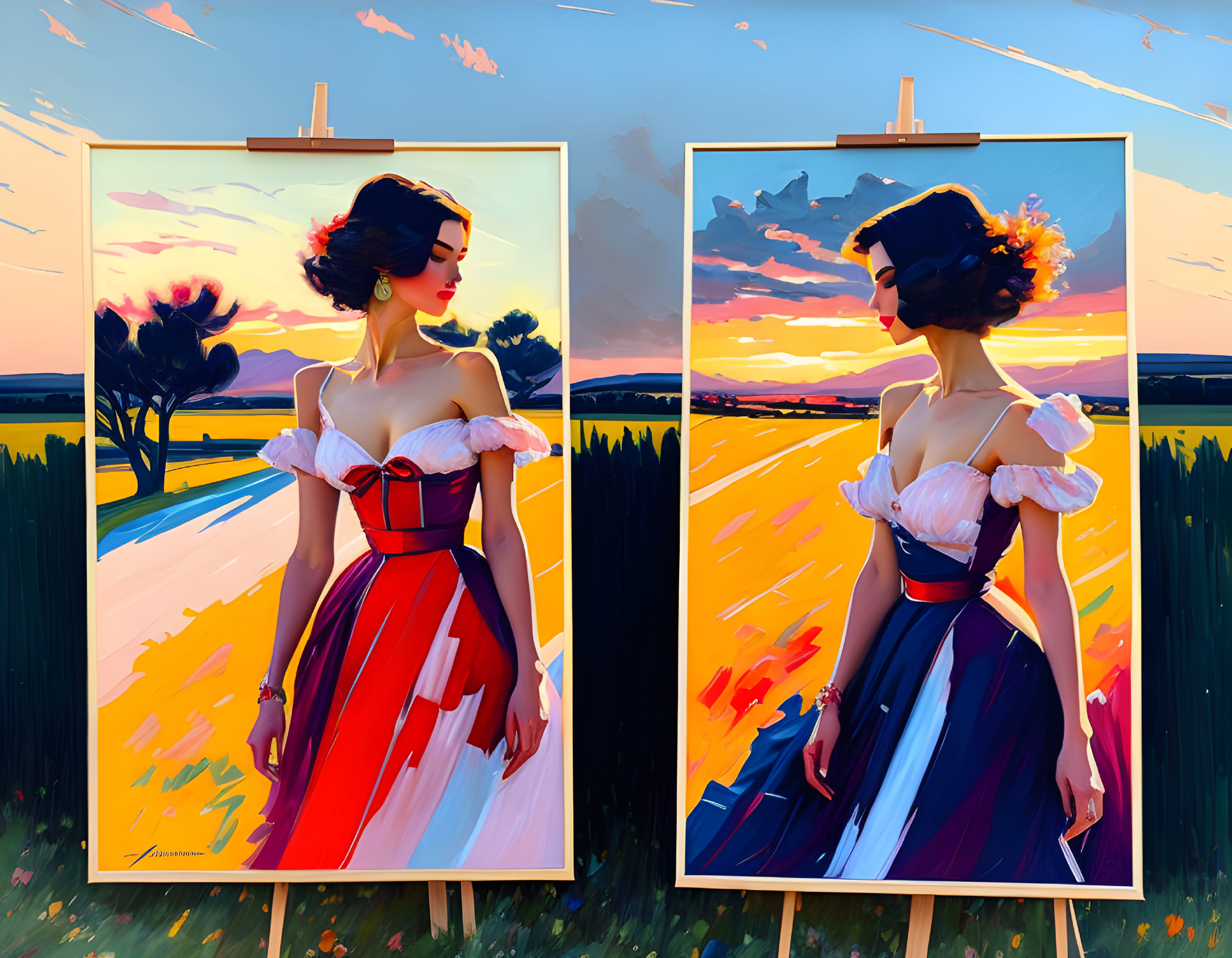 Vibrant paintings of stylish woman in flowing dress walking through field at sunset