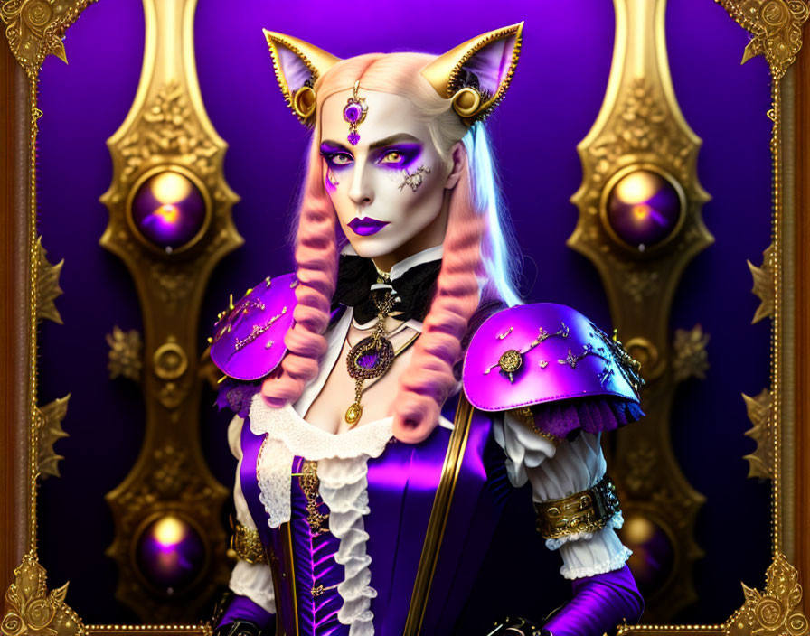 Fantasy female character in purple and gold costume with feline features, surrounded by golden mirrors.