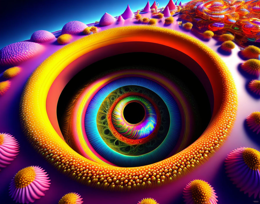 Vibrant digital art: central spiral eye with colorful patterns on purplish-blue backdrop