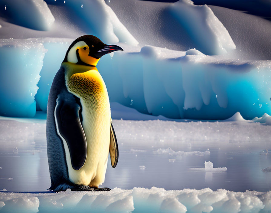 Penguin on Frozen Surface with Blue Glaciers