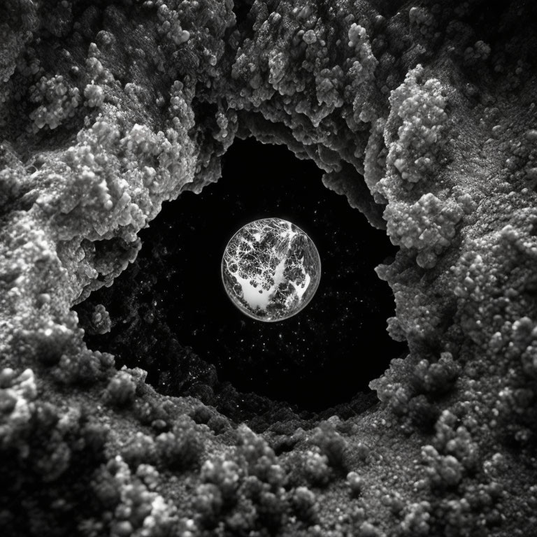 Monochrome circular moon-like object in dark textured cavity