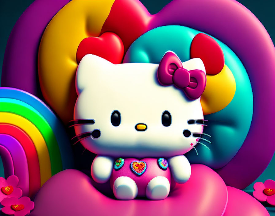 Vibrant Hello Kitty illustration with bow in rainbow setting