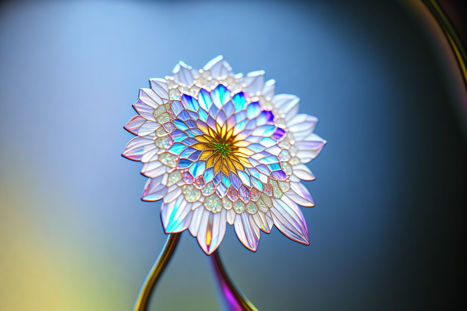 Translucent iridescent flower with intricate patterns on soft multicolored background