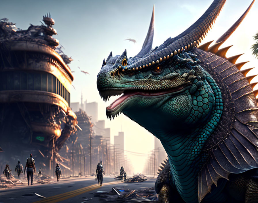 Detailed dragon confronts soldiers in ravaged city with futuristic building & second dragon.