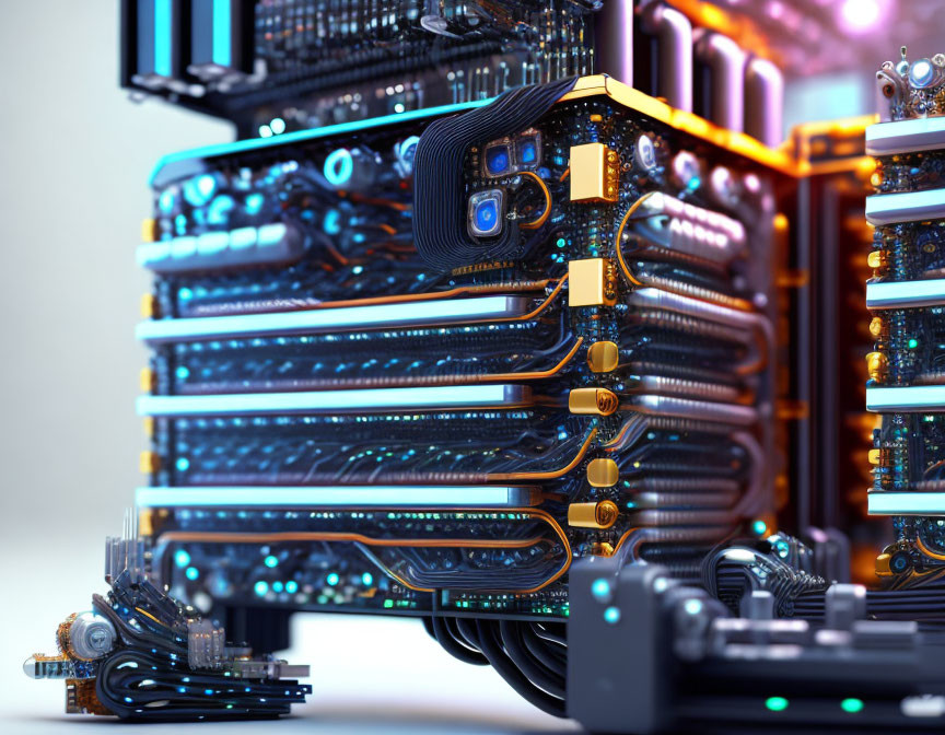 Detailed 3D Render of Futuristic Computer Hardware with Blue Circuitry