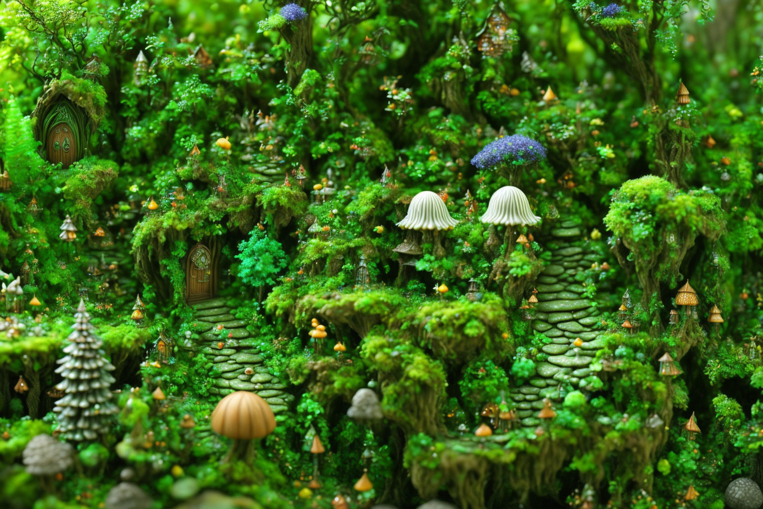 Miniature enchanted forest with moss-covered trees and whimsical doors