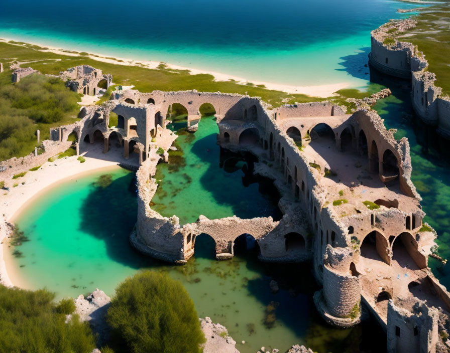 Ancient stone ruins in clear turquoise sea with green shores