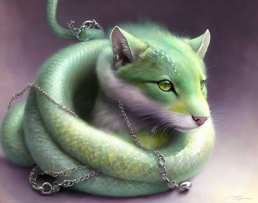 Green cat-headed snake creature with chain on purplish background