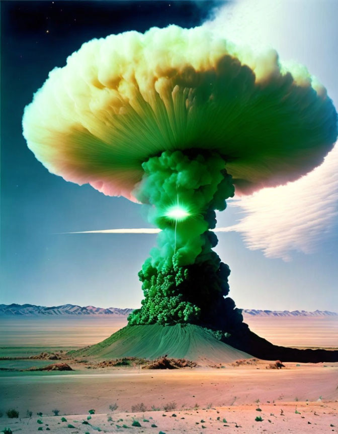 Expansive green-hued mushroom cloud in desert landscape