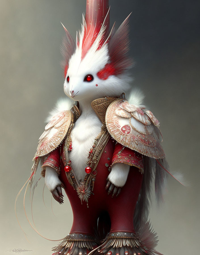 White-furred fantasy creature with red markings, armor, and feathered crest