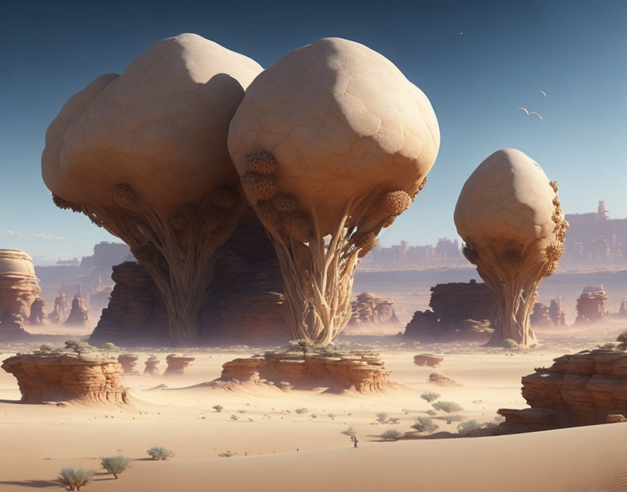 Surreal desert landscape with oversized mushroom-like structures