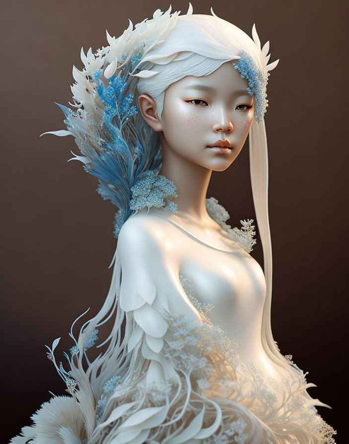 Digital art portrait featuring female figure with pale skin, adorned with blue and white feathers, flowers, and