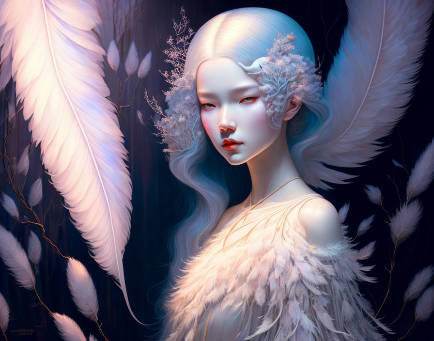 Ethereal figure with white plumage and red lips among delicate feather-like structures