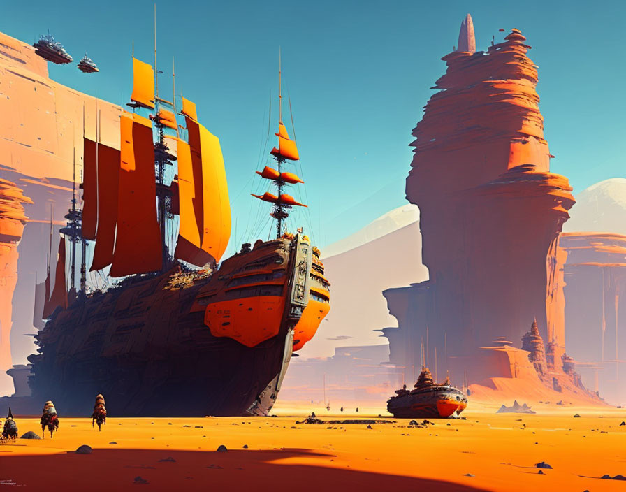 Desert landscape with towering rock formations and beached ships.