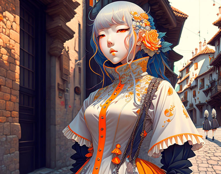 White-Haired Character with Orange Flowers in Traditional Dress in European Alleyway