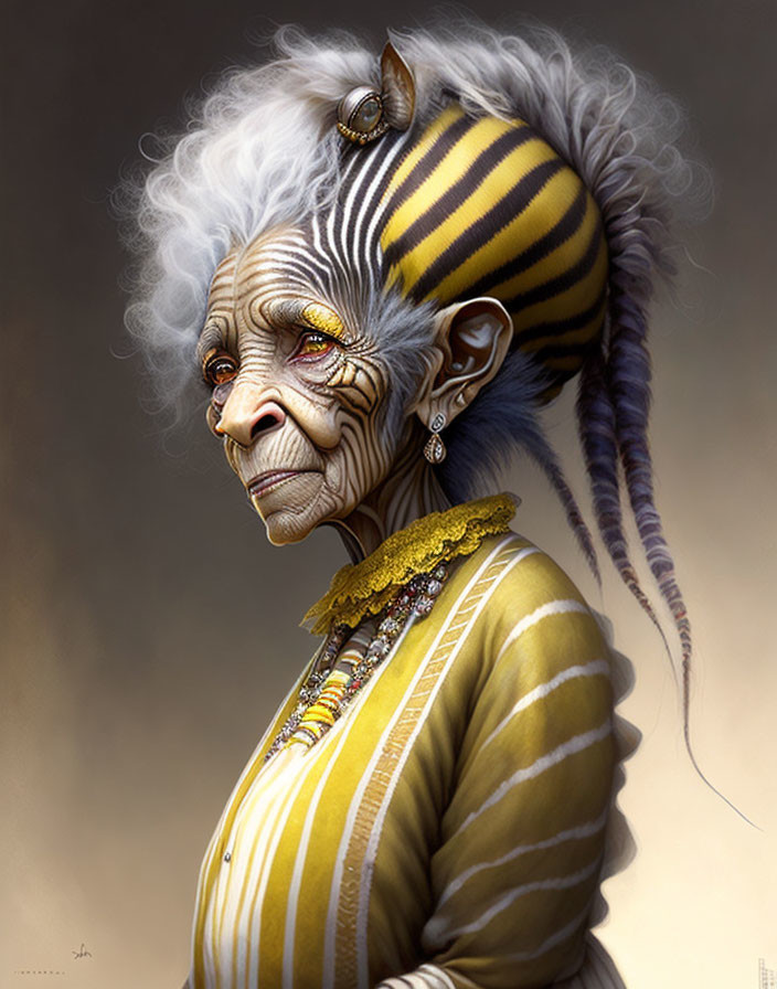 Elderly woman illustration with tiger-like features and striped hair wearing yellow outfit