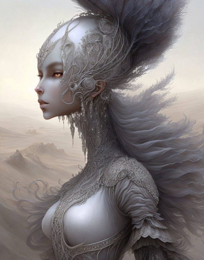 Ethereal figure with ornate headgear in desert scenery