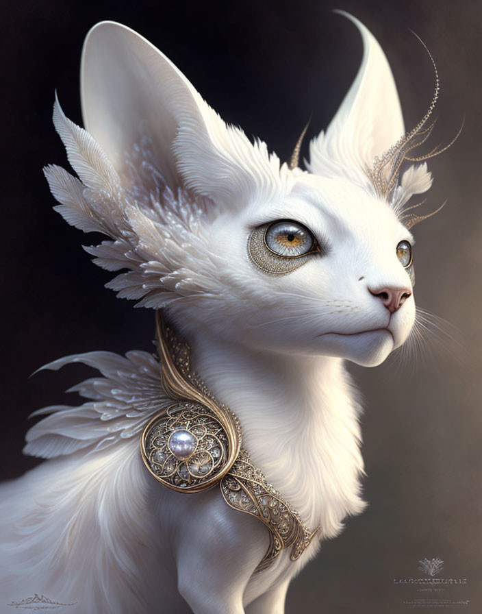 White mythical creature with pointed ears and yellow eyes.